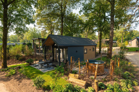 Acogedora cabaña Tiny Loft con jacuzzi exterior, rodeada de árboles y naturaleza exuberante.
