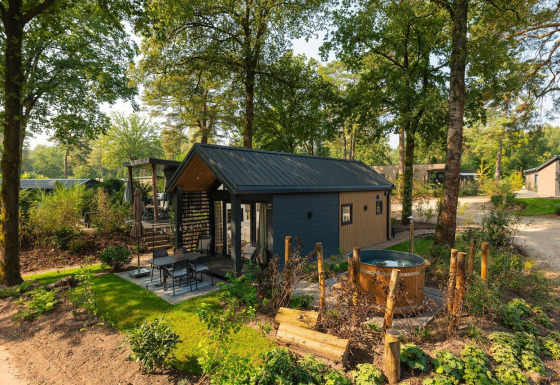 Acogedora cabaña Tiny Loft con jacuzzi exterior, rodeada de árboles y naturaleza exuberante.