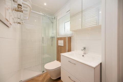 Baño moderno con ducha, inodoro y lavabo en Tiny Loft con jacuzzi en Veluwepark de Bosgraaf, Países Bajos.
