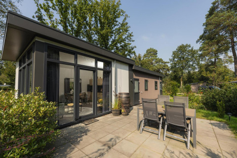 Patio esterno con tavolo alla Heather Lodge presso Veluwepark de Bosgraaf nei Paesi Bassi, immersa nel verde.