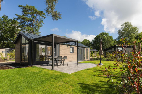 Buitenzicht van Velthorst Comfort-lodge in Veluwepark de Bosgraaf, Nederland, met terras en grasveld.