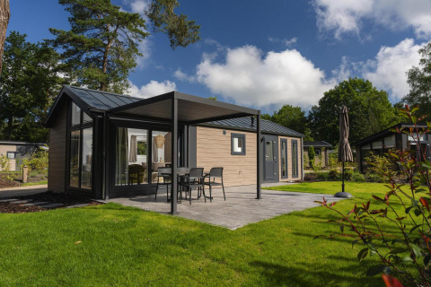 Lodge moderna con terraza, muebles de exterior y sombrilla, rodeada de césped verde y árboles altos.