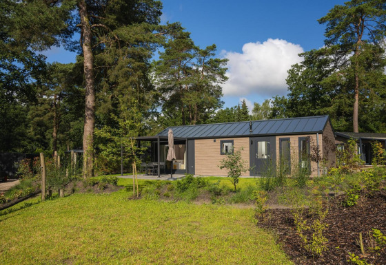 Moderne Lodge mit Terrasse, umgeben von Bäumen und Rasen, an einem sonnigen Tag im Grünen.