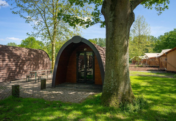 Foto di un alloggio pod in legno in un campeggio, circondato da alberi e altre strutture simili a tende.