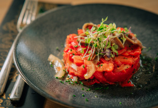 A colorful salad with tomatoes, onions, and herbs served on a black plate at Camping Costa del Sol Glamping Village.