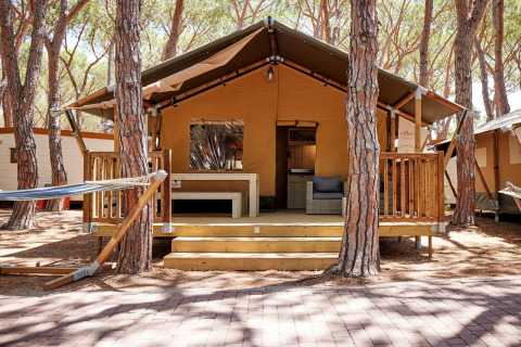 Safari tent Villatent Outback tussen de pijnbomen, met houten terras, hangmat en gezellige zithoek buiten.