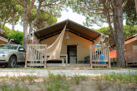 Safari tent Villatent Outback met terras, auto erbij en hoge bomen, gezellig in de natuur gelegen.