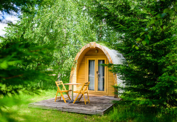 Piccola cabina di legno con patio e sedie da giardino circondata dal verde a Netl Camping Kallumaan, Paesi Bassi.