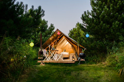 Tienda safari Lodge Mokki - UFO en Netl Camping Kallumaan, Países Bajos, rodeada de pinos al atardecer.