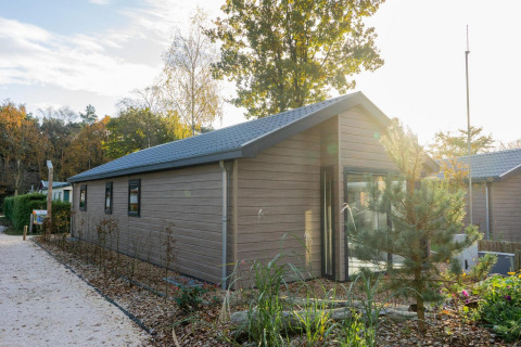 Velthorst lodge with wood cladding, large windows, and garden, surrounded by trees and walking paths in sunlight.