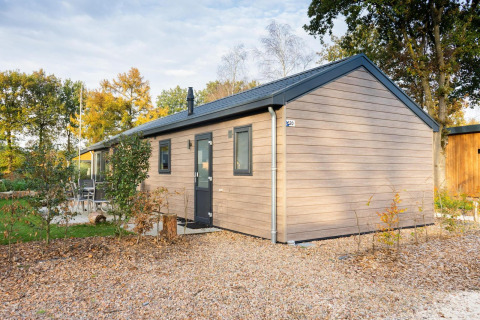 Modern Velthorst lodge at De Wije Werelt in the Netherlands, surrounded by trees and autumn landscape.
