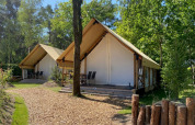 Deux tentes safari glamping avec terrasse dans une forêt verdoyante, idéales pour un séjour campement chic.