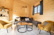 Sala de estar moderna en la cabaña Boekhorst de De Wije Werelt, Países Bajos, con paredes de madera y sofás.