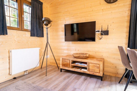 Sala moderna en la cabaña Boekhorst, De Wije Werelt, Países Bajos, con paredes de madera y televisor.