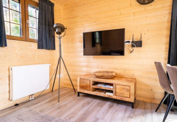 Sala moderna en la cabaña Boekhorst, De Wije Werelt, Países Bajos, con paredes de madera y televisor.
