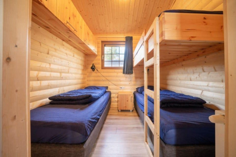 Dormitorio con cuatro camas en una cabaña de madera en Boekhorst, De Wije Werelt, Países Bajos, luz natural.