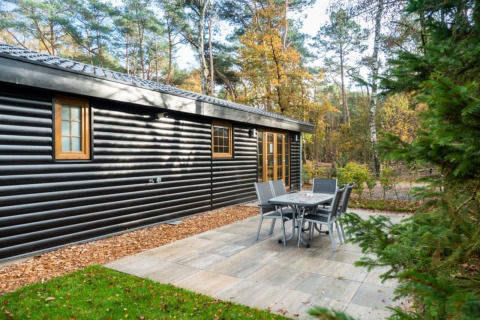 Zona de comedor exterior junto a una cabaña negra en el bosque, Boekhorst lodge, De Wije Werelt, Países Bajos, otoño
