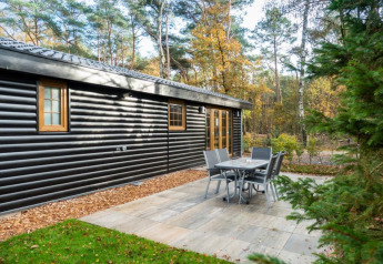 Zona de comedor exterior junto a una cabaña negra en el bosque, Boekhorst lodge, De Wije Werelt, Países Bajos, otoño
