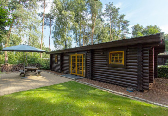 Outside view of a wooden lodge at Boekhorst, De Wije Werelt in the Netherlands, with terrace and umbrella.