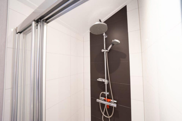 Ducha en baño moderno de Berkel, alojamiento De Wije Werelt, con puerta de vidrio y pared oscura, Países Bajos.