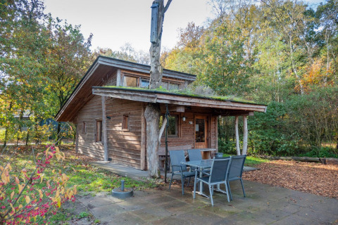 Foto van Nature Lodge, een gezellige houten blokhut met buitenterras, omgeven door groene natuur.