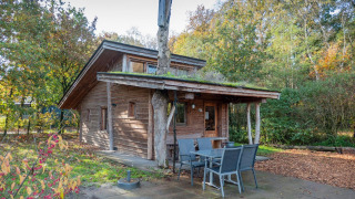 Foto van Nature Lodge, een charmante houten lodge met terras en tuintafel, omringd door bosrijk groen.
