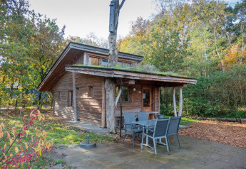 Foto de Nature Lodge, acogedora cabaña de madera con terraza, mesa exterior y rodeada de naturaleza.
