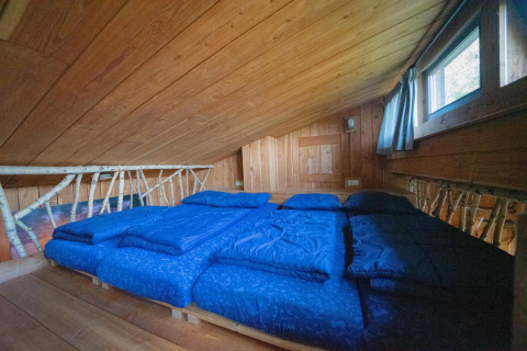 Slaapkamer op de loft bij Nature Lodge op De Wije Werelt, Nederland, met houten panelen en blauw beddengoed.