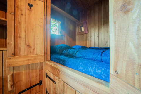 Alcôve en bois avec literie bleue, fenêtres, à la Nature Lodge de De Wije Werelt, Pays-Bas.