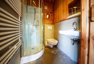 Bagno moderno con doccia curva, wc sospeso e lavandino in una Nature Lodge con rivestimento in legno.