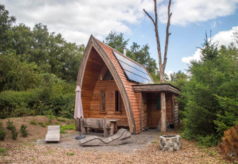 Lille træhytte med solpaneler, buet tag og udendørs siddepladser i naturen ved De Wije Werelt, Holland.