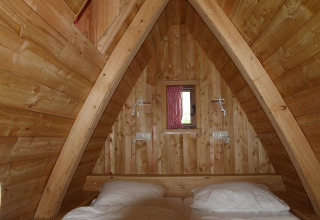 Interieur van de tiny house Van Gogh bij De Wije Werelt in Nederland, met houten afwerking en bed.