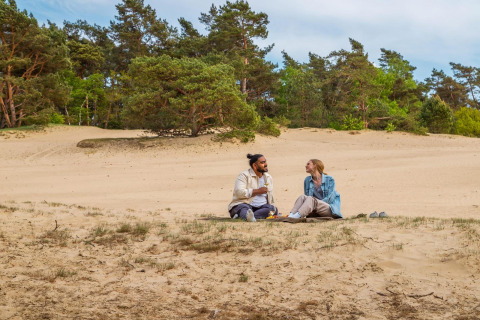 Koppel geniet van picknick op zandduinen bij tiny house Van Gogh in De Wije Werelt, Nederland, bij bos.