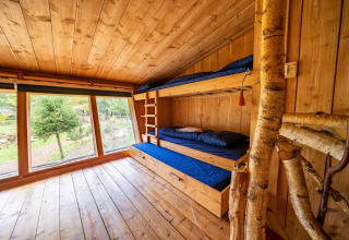Habitación de madera con literas y grandes ventanales en Nature Lodge, De Wije Werelt, Países Bajos, vista natural.