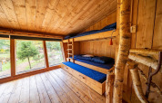 Habitación de madera con literas y grandes ventanales en Nature Lodge, De Wije Werelt, Países Bajos, vista natural.