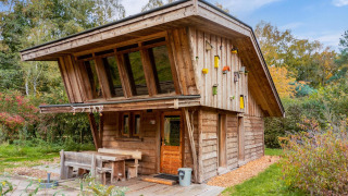 De Nature Lodge, een houten lodge met schuine ramen en kleurrijke vogelhuisjes in een groene omgeving.