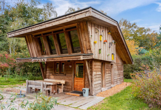 De Nature Lodge, een houten lodge met schuine ramen en kleurrijke vogelhuisjes in een groene omgeving.
