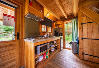 Wood-paneled kitchen at Nature Lodge in De Wije Werelt, Netherlands, with stovetop and garden access.