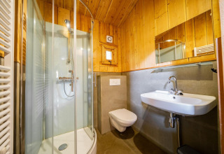 Badkamer bij Nature Lodge op De Wije Werelt in Nederland met douche, hangtoilet en houten wandafwerking.
