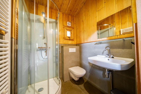 Badkamer bij Nature Lodge op De Wije Werelt in Nederland met douche, hangtoilet en houten wandafwerking.
