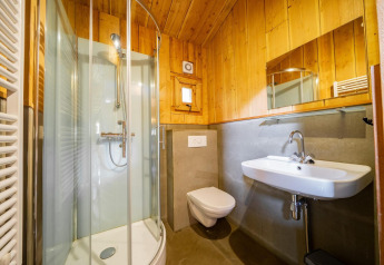 Badeværelse i Nature Lodge på De Wije Werelt i Holland med bruser, væghængt toilet og træpaneler.