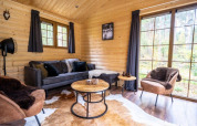 Salon chaleureux au lodge Boekhorst, De Wije Werelt, Pays-Bas, avec murs en bois et grandes baies vitrées.