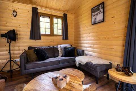 Knusse woonkamer in een lodge te Boekhorst, De Wije Werelt, Nederland, met houten muren en moderne zetel.