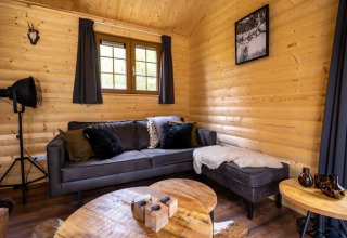 Salon confortable d'un lodge à Boekhorst, De Wije Werelt, Pays-Bas, avec murs en bois et canapé moderne.