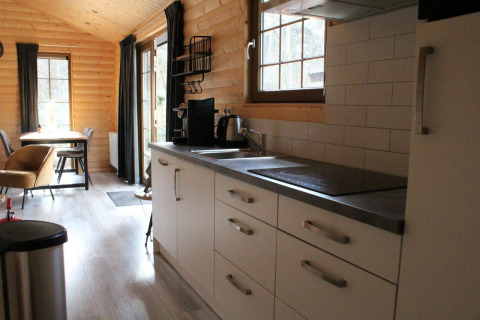 Cucina moderna e zona pranzo nel lodge Boekhorst a De Wije Werelt, Paesi Bassi, interno in legno.