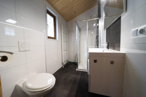 Bagno moderno con WC, doccia, lavandino e finestra nella lodge Boekhorst, De Wije Werelt, Paesi Bassi.