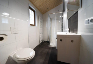 Moderne badkamer met toilet, douche, wastafel en raam in Boekhorst lodge, De Wije Werelt, Nederland.
