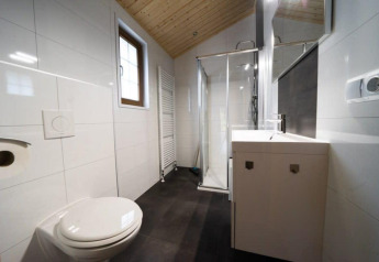 Salle de bain moderne avec WC, douche, lavabo et fenêtre à la lodge Boekhorst, De Wije Werelt, Pays-Bas.