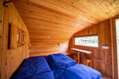 Interior de la tiny house Boet en De Wije Werelt, Países Bajos, con paneles de madera y ropa de cama azul.