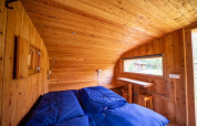 Interior de la tiny house Boet en De Wije Werelt, Países Bajos, con paneles de madera y ropa de cama azul.